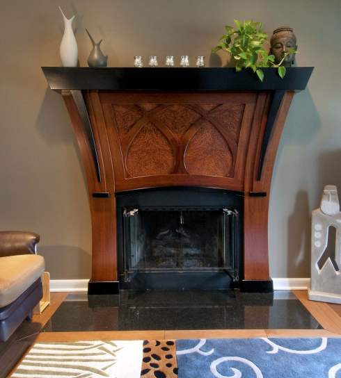 The striking Art Nouveau fireplace mantel featured here is an artistic present-day adaptation of the style