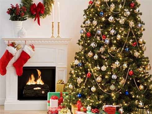 christmas tree and fireplace