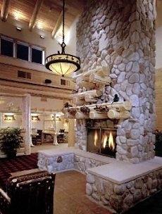 river rock fireplace surround