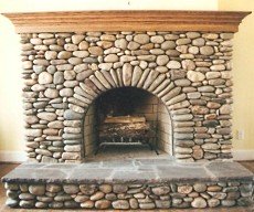 stacked stone fireplace