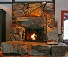 stacked stone fireplace