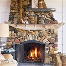 stacked stone fireplace