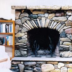 stacked stone fireplace