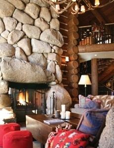 stacked stone fireplace