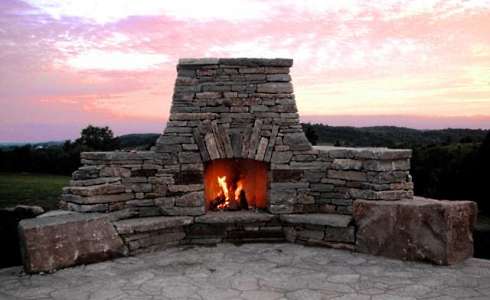 stacked stone fireplace