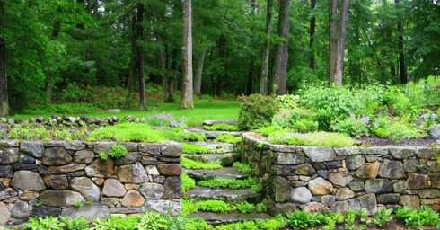 stacked stone fireplace