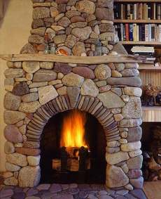 stacked stone fireplace