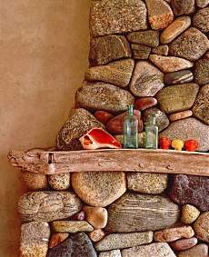 stacked stone fireplace