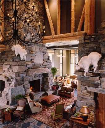 stacked stone fireplace