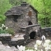 stacked stone fireplace