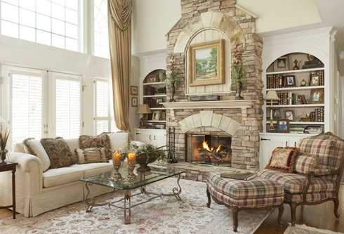 stone surround fireplace with built ins